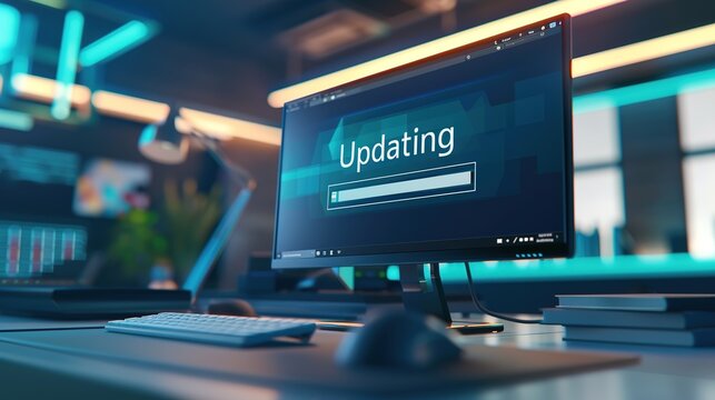 Close-up of computer screen showing software update progress bar with "Updating" text, keyboard and mouse visible in blurred background, modern technology and digital transformation concept.