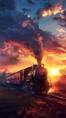 Nostalgic steam locomotive at sunset, 4K hyperrealistic photo