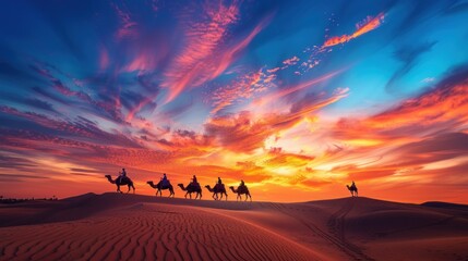 Fototapeta premium Caravan Crossing the Desert at Sunset