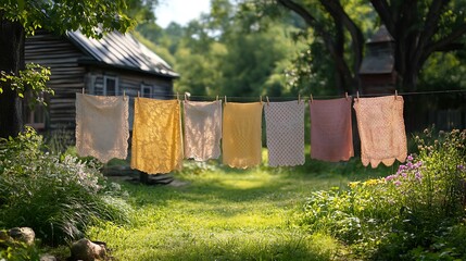 Naklejka premium Colorful clothes hanging on a clothesline in a sunny garden.