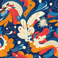 Fototapeta premium Vibrant Flowing Illustration of Abstract Rooster and Bird Forms with Dynamic Swirls in Red, Orange, Blue, and Cream Creating an Energetic and Expressive Design