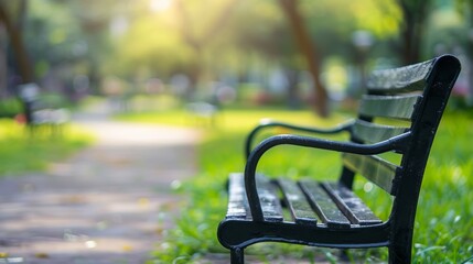 Blurred Park Background Featuring Lush Green Grass and Walking Path