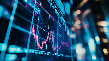 Macro close-up of a stock market investment trading chart displayed in blue, analyzing data with candlestick graphs 