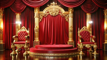 A luxurious royal stage adorned with red velvet curtains and golden ornate thrones, creating an opulent setting fit for royalty, emphasizing grandeur and regality.