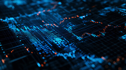 Macro close-up of a stock market investment trading chart displayed in blue, analyzing data with candlestick graphs 