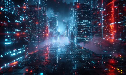 Obraz premium Underground cyber fortress amidst pulsing city lights, 4K hyperrealistic photo