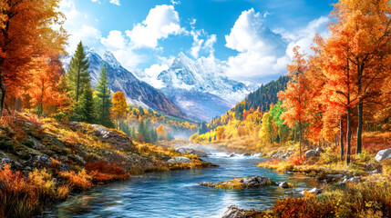 Mountain river flowing through forest in autumn