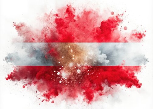 Austrian flag splashed with red and white Holi colors creates a lively backdrop for soccer parties and travel tourism festivities, celebrating culture and unity. - Powered by Adobe
