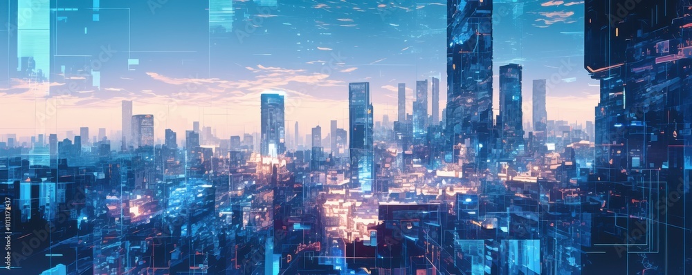 Poster virtual world with pixelated skyscrapers and circuit patterns on the streets, 4k hyperrealistic phot