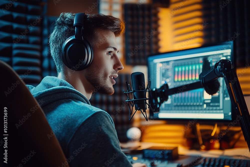 Aufkleber a podcaster in a studio setting shares insights using a microphone while monitoring audio levels on 