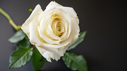 Fototapeta premium Close-up of a single white rose on a black background, symbolizing mourning and remembrance, slightly wilted to emphasize the somber theme.