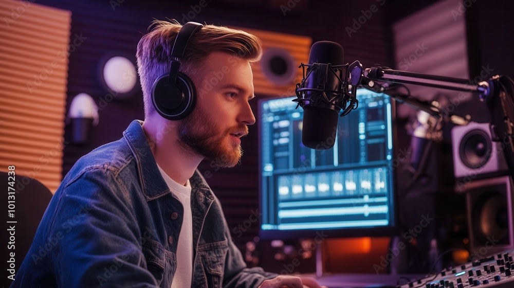 Aufkleber a professional podcaster is speaking into a microphone while using software to interact with an audi