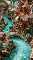 Obraz premium Sweet fantasy realm adorned with sugary rivers and gingerbread cottages, 4K hyperrealistic photo