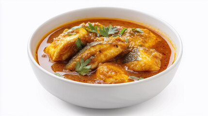 Indian fish curry in bowl isolated on white background