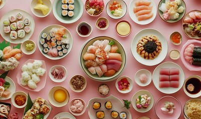 A Colorful Spread of Japanese Cuisine on a Pink Background