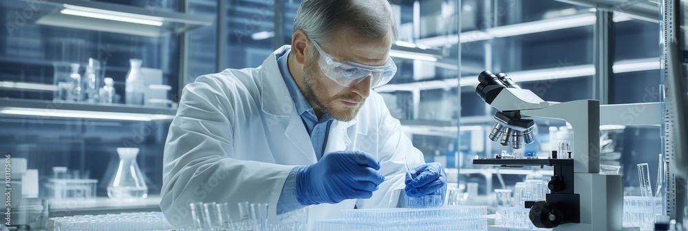 Aufkleber a scientist in a lab coat and safety goggles meticulously handles test tubes and samples, engaged in