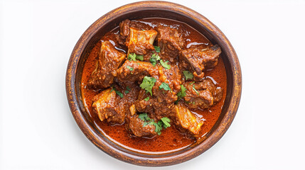 Spicy goat curry in bowl isolated on white background