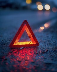 Reflective red warning triangle on asphalt road, twilight setting, signaling breakdown, soft evening light, clear visibility, safety focus