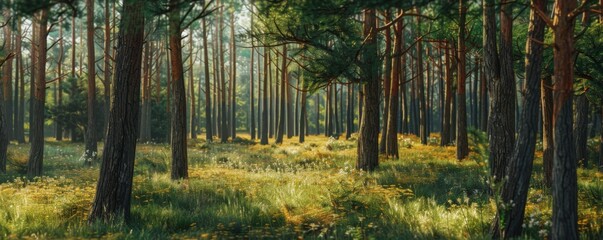 Fototapeta premium Pine forest with towering evergreens and a carpet of needles, 4K hyperrealistic photo,