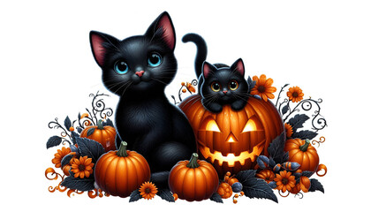 halloween cats with pumpkins, cartoon