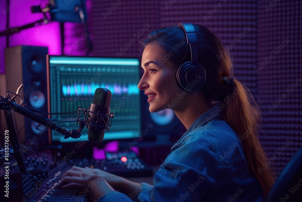 Poster the podcaster speaks into a microphone while adjusting settings at a modern studio, surrounded by co