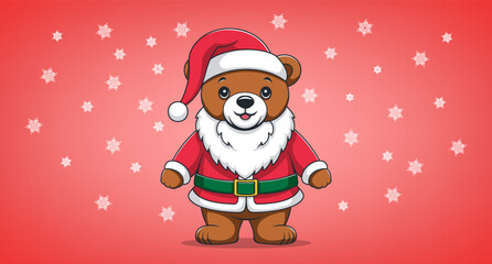 Vector cute standing cartoon smiling kind teddy bear in Santa Claus costume. Merry Christmas and Happy New Year. Red background with white snowflakes.