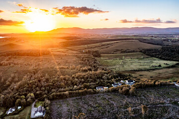 Aerial view of beautiful sunset above Tonregee between Dunkineely and Inver in County Donegal, Republic of Ireland.
