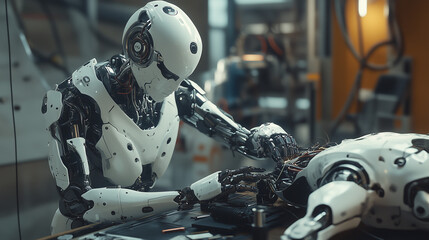 Futuristic Humanoid Robot Repair The Other in High-Tech Workshop 
