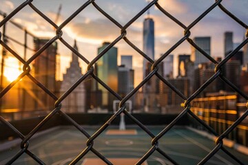 Closeup of Chain Link Fence with Blurry Basketball Court and Cityscape.