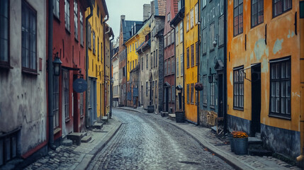 A narrow street in an old Scandinavian town with colorful buildings and a clear blue sky.