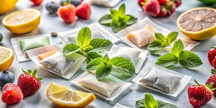 Explore an enticing array of snus bags with vibrant fruit and mint flavors, set against a bright background