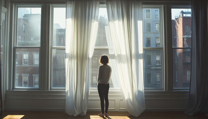 Position people in front of large, open windows with curtains blowing in the breeze, focusing on the interaction between the model and the natural light filtering in