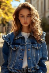 Woman wearing ruffled denim jacket