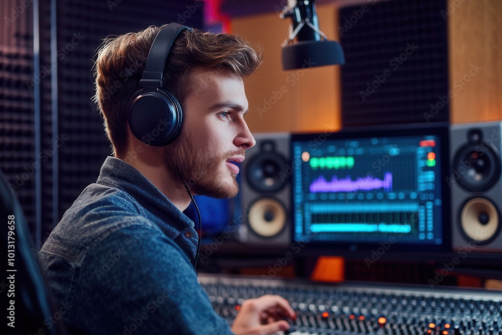 Leinwandbilder a podcaster speaks engagingly in a modern studio, utilizing high-quality audio gear and a mixing con