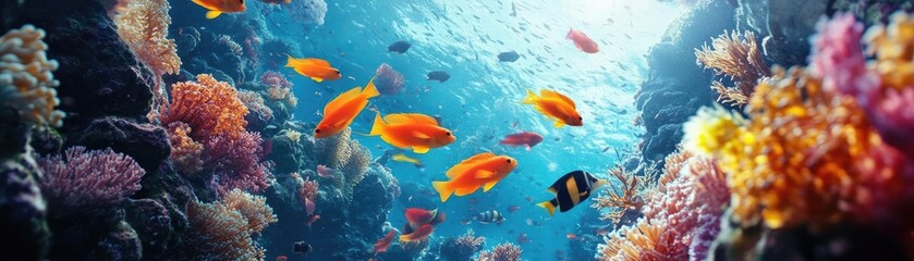 Naklejka premium Aerial view of a vibrant underwater world, augmented reality fish schools, futuristic technologies intertwining, captivating colors and shapes