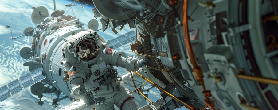 Space station with astronauts conducting experiments, 4K hyperrealistic photo