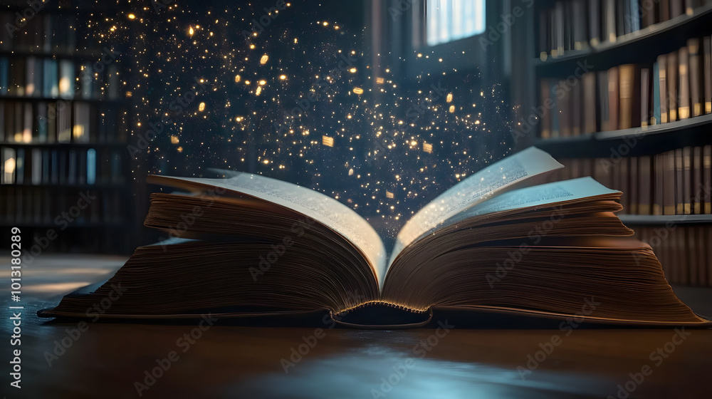 Aufkleber open book on table in library and bookshelf background