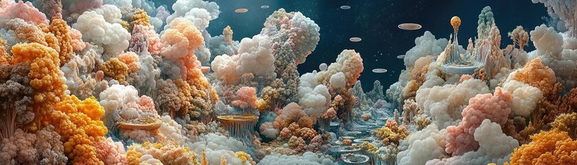 Fototapeta premium Birds-eye view of a whimsical land, vibrant forests transforming into gourmet plates, fairy-tale cuisine dancing on clouds, enchanted rivers flowing with sauces