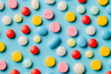 Pills on a light blue background. Multicolored vitamins with free space for text. Many different capsules. Pharmacy, chemistry. Abundance. Lots of antibiotics, drug. Herbal medicine, chemical industry