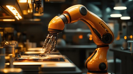 Close-up of a sleek robot chef preparing molecular cuisine, bright lights, high-tech kitchen, fusion of art and science