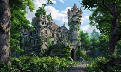 Obraz premium Majestic castle surrounded by lush greenery, 4K hyperrealistic photo.