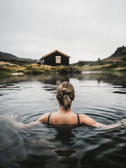 Fototapeta premium A woman in a swimming pool with a mountainous landscape in the background. She is wearing a black swimsuit.