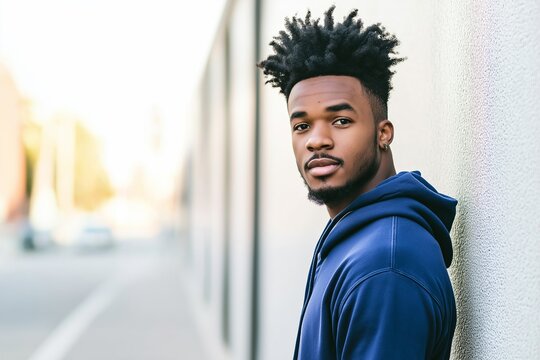 Man with a blue hoodie is standing in front of a wall. He has a beard and is wearing earrings. mockup of a light skinned black male wearing a royal blue hoodie, full body