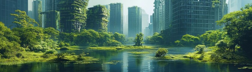 Fototapeta premium High-angle view of a futuristic city, nature reclaiming abandoned buildings, vibrant greenery amidst dystopia