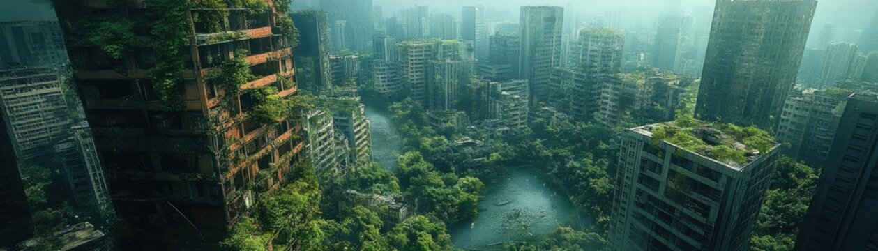 High-angle view of a futuristic city, nature reclaiming abandoned buildings, vibrant greenery amidst dystopia
