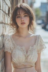 Fototapeta premium Young woman wearing lace details trend