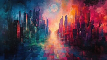 Intimate view of an ethereal cityscape, AI lifeforms blending seamlessly with towering surreal architecture, whimsical colors, an enchanting kaleidoscope of imagination