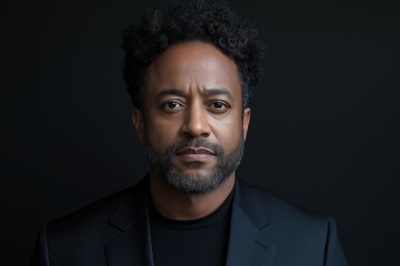 Obraz premium Man with a beard and mustache is wearing a black suit. He is standing in front of a black background. portrait of a black male in his 40s facing forward, head only,