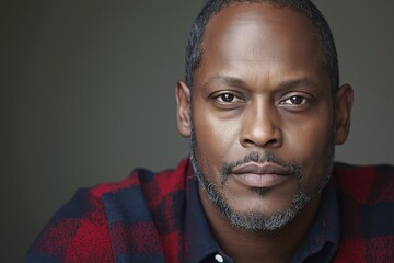 Man with a beard and mustache is wearing a black suit. He is standing in front of a black background. portrait of a black male in his 40s facing forward, head only,