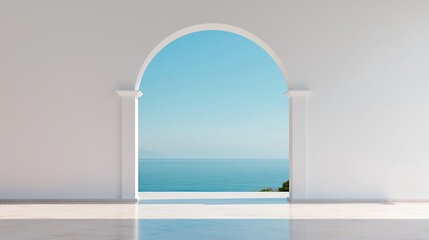 Beautiful architectural arch framing a serene ocean view with clear blue skies, perfect for minimalist design.
